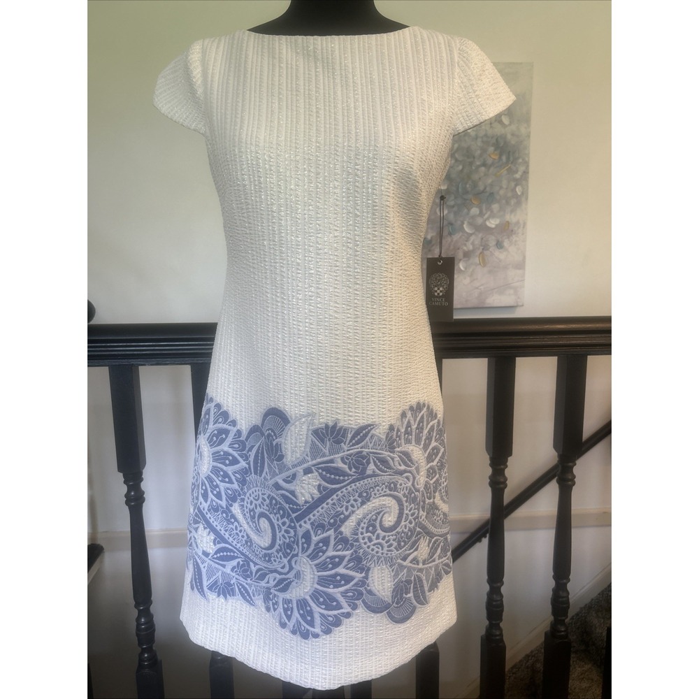 Viince Camuto Women's Silver Thread Textured Paisley Hem Dress Cream Blue Size 2